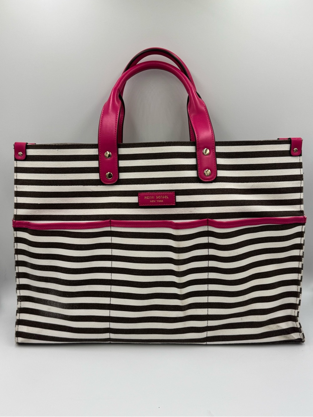 henri bendel Brown & White Striped Canvas Tote with Hot Pink Leather Trim